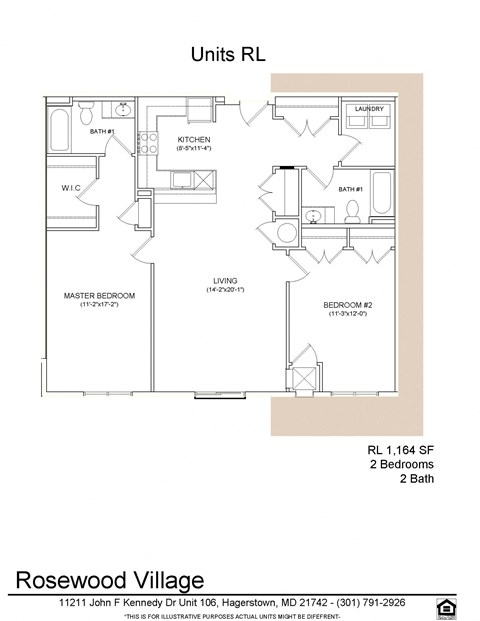 Floor plan for 2 beds, 2 baths, 1164 sqft